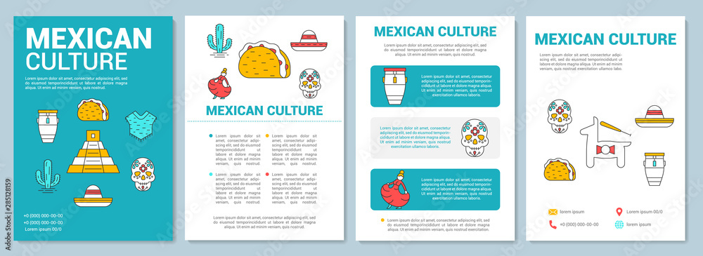 Mexican culture brochure template layout. Mexico traditions. Flyer, booklet, leaflet print design with linear illustrations. Vector page layouts for magazines, annual reports, advertising posters