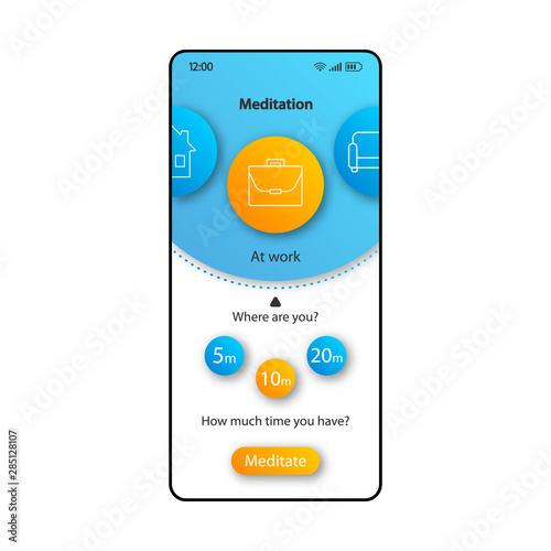 Meditation time smartphone interface vector template. Mobile app page color design layout. Relaxation break reminders screen. Flat UI for application. Spiritual practice schedule phone display