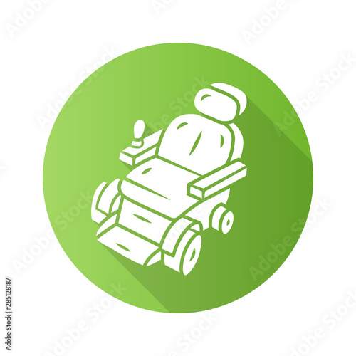 Motorized wheelchair flat design long shadow glyph icon. Mobility aid device, scooter for physically disabled people. Transportation for handicapped person. Vector silhouette illustration