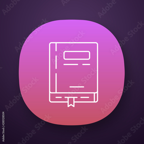 Personal notebook, school textbook app icon. UI/UX user interface. Web or mobile application. Diary with bookmark vector isolated illustration. Book shop, publishing house, library logo