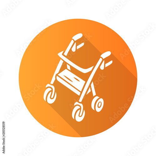 Rollator walker flat design long shadow glyph icon. Mobility aid device for physically disabled people. Pensioner, elderly four wheel walker equipment. Vector silhouette illustration