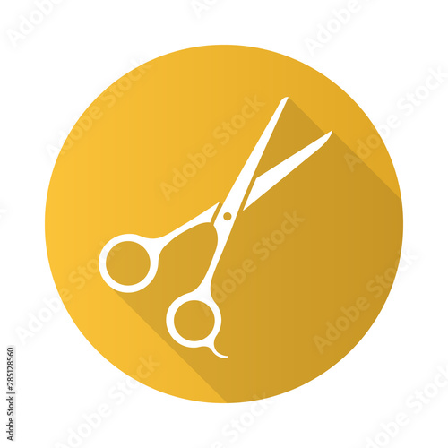Scissors flat design long shadow glyph icon. Haircutting shears. Cutting instrument with finger brace, tang. Professional hairstyling. Hairstylist accessory. Vector silhouette illustration