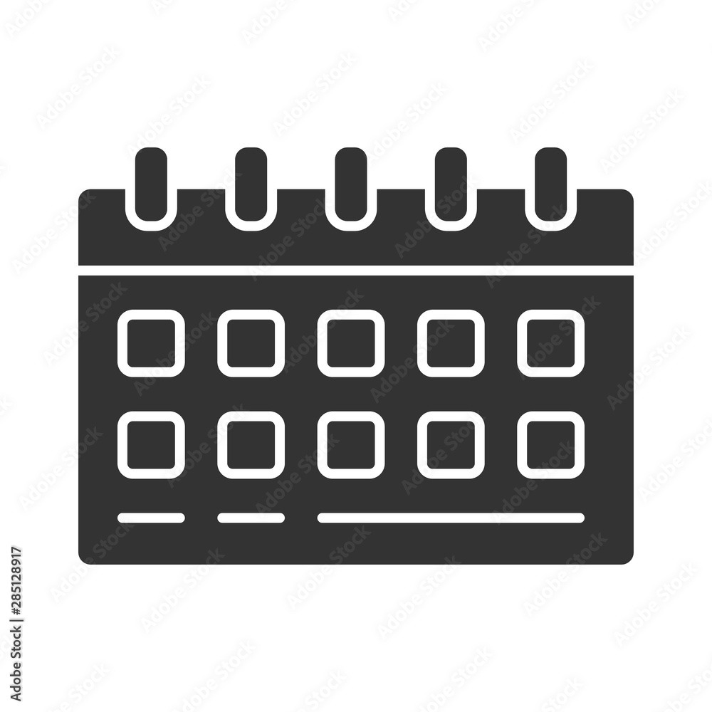 Wall calendar, desk planner glyph icon. Business scheduler silhouette symbol. Negative space office workplace, home accessory. Monthly timesheet pages with binder rings vector isolated illustration Wall calendar, desk planner glyph icon. Business scheduler silhouette symbol. Negative space office workplace, home accessory. Monthly timesheet pages with binder rings vector isolated illustration