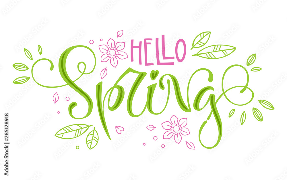 Hello Spring - quote. Spring season party handdrawn lettering phrase on white background. Vector calligraphy illustration. Modern design element. Seasonal celebration. Lettering typography. Seasonal Hello Spring - quote. Spring season party handdrawn lettering phrase on white background. Vector calligraphy illustration. Modern design element. Seasonal celebration. Lettering typography. Seasonal