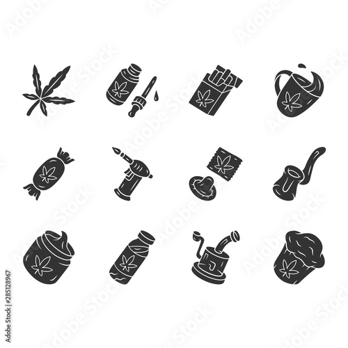 Weed products glyph icons set. Marijuana legalization. Hemp distribution, sale. Cannabis industry. Smoking devices. CBD drink, cream, candy, cupcake. Silhouette symbols. Vector isolated illustration