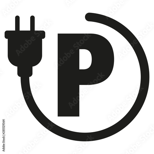 Black letter P for parking and a cable icon isolated on white background