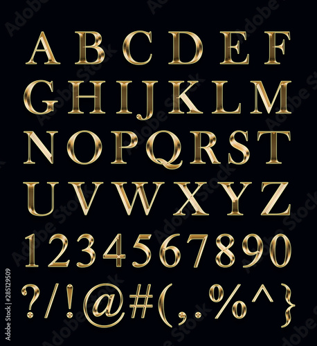 Golden alphabet, numbers, signs on a black background.