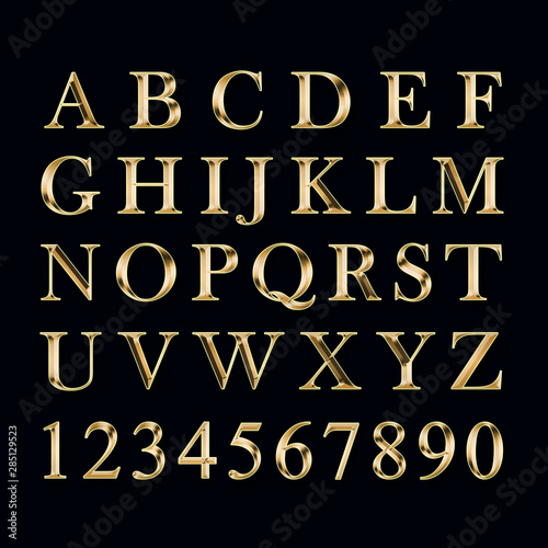 Golden alphabet and numbers on a black background.