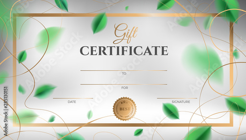 Gift certificate template design with green spring leaves and ornate decoration
