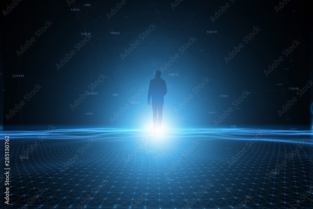 People in digital computer cyberspace background. Copy space background.