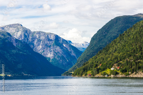 clouds over the fjord and mountains in Norway