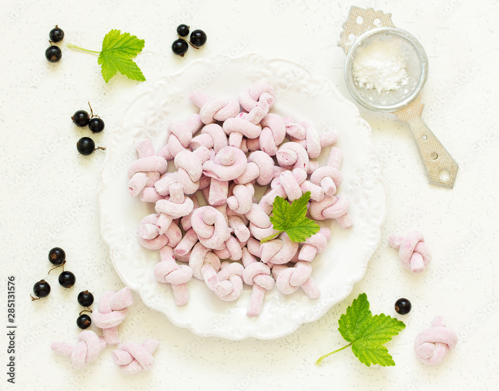 Homemade blackcurrant marshmallows. selective focus .. Dessert.