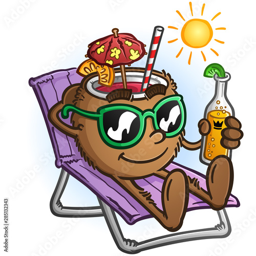 A relaxed tropical coconut drink cartoon character wearing sunglasses and drinking a beer on a sunny vacation