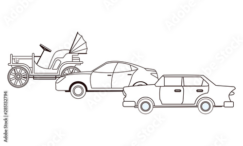 Vintage and classic with modern cars vehicles in black and white