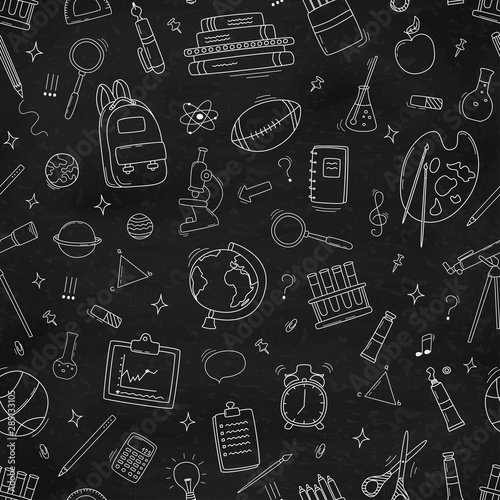 Seamless pattern with school supplies and creative elements. Back to school background. Vector illustration.