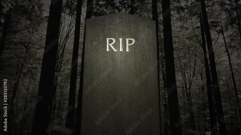 Spooky RIP Gravestone In A Dark Forest Setting
