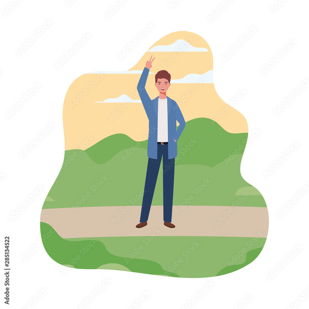 Fototapeta premium young man standing with landscape background