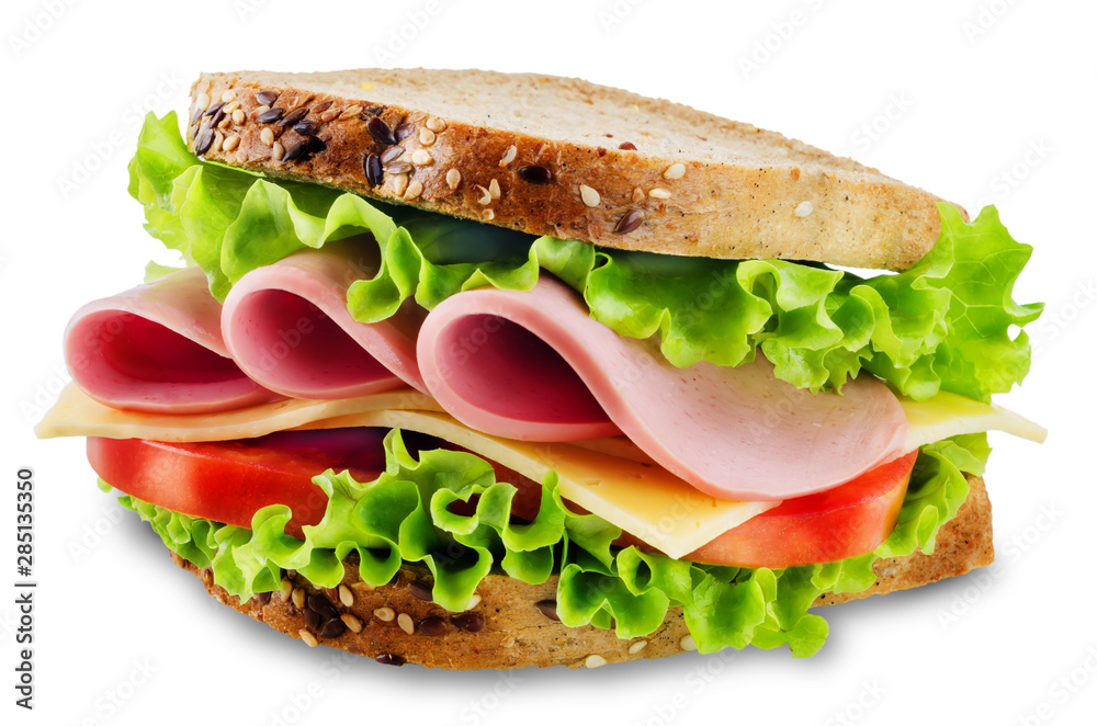 Sandwich with whole grain bread, salad, cheese, tomato and ham on a white isolated background - obrazy, fototapety, plakaty 