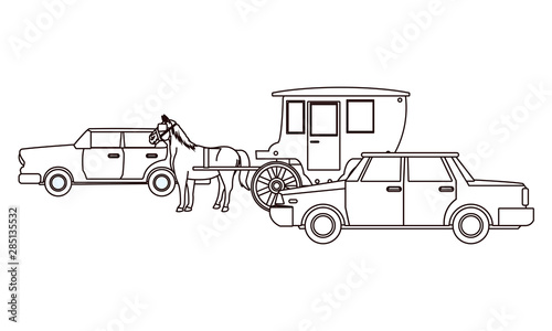 Classic cars and horse carriages vehicles in black and white