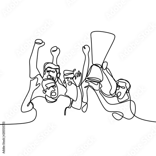 Continuous lines team winner championship concept vector illustration isolated on white background. Person raising cup after win a contest.