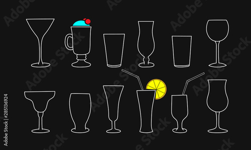 Silhouettes of cocktail, wine or champagne glasses. Cocktail straw. Vector set