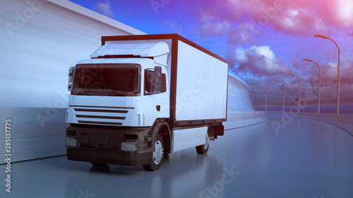 White truck moving on highway in sunny summer day. 3D illustration
