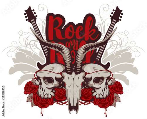 Vector music banner with skulls of a horned animal and human, electric guitar, wings, red roses, drips of blood and inscription rock and roll. Creative illustration for t-shirt design in modern style