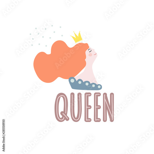 The red-haired girl in the crown. Vector illustration by hand in the style of doodle. Lettering poster