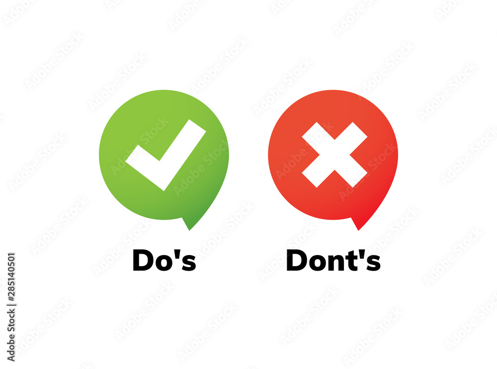 Dos and dont good and bad icon check. Negative positive list, true wrong like anf fail logo - obrazy, fototapety, plakaty 