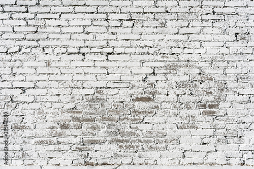 Empty Old Brick Wall Texture. Painted Distressed Wall Surface. Grungy Wide Brickwall. Shabby Building Facade With Damaged Plaster.