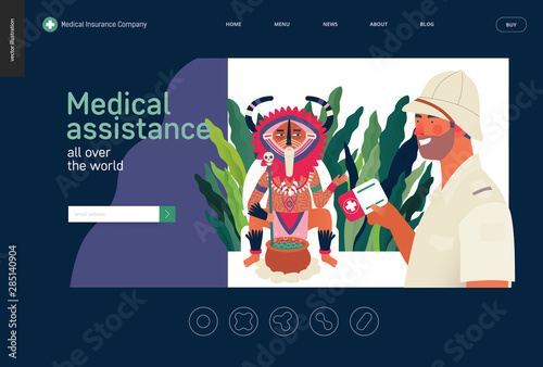 Medical insurance - medical assistance all over the world - modern flat vector concept digital illustration -a traveller applying to a shaman healer for medical help, part of insurance plan