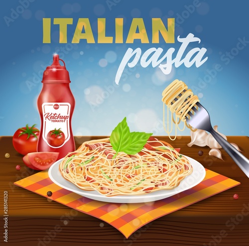 Italian Pasta Square Banner. Plate with Spaghetti