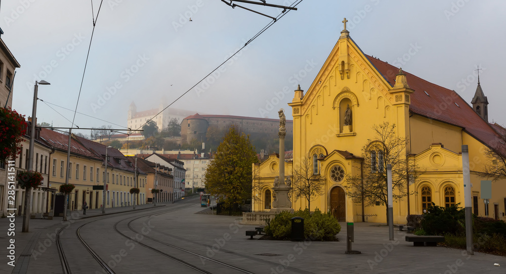Early morning in center of Bratislava with tramline