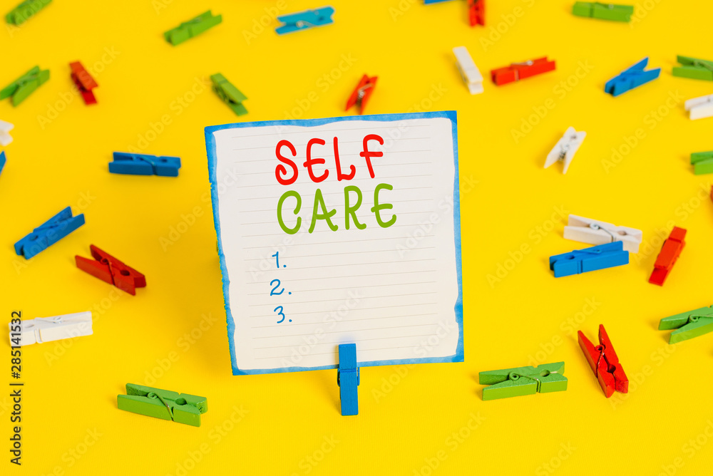 Handwriting text Self Care. Conceptual photo the practice of taking action to improve one s is own health Colored clothespin papers empty reminder yellow floor background office Handwriting text Self Care. Conceptual photo the practice of taking action to improve one s is own health Colored clothespin papers empty reminder yellow floor background office