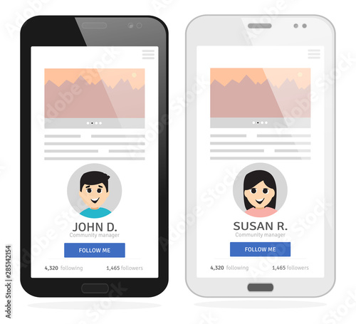 Social media profile on a smartphone. Vector illustration in flat design style