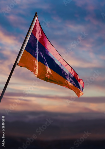 Canvas Print Armenia flag, Armenian flag waving on sky at dusk