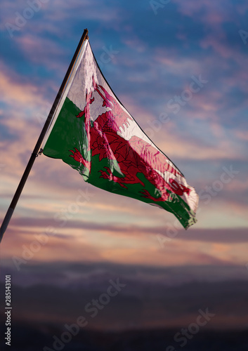 Wales flag, Welsh flag waving on sky at dusk