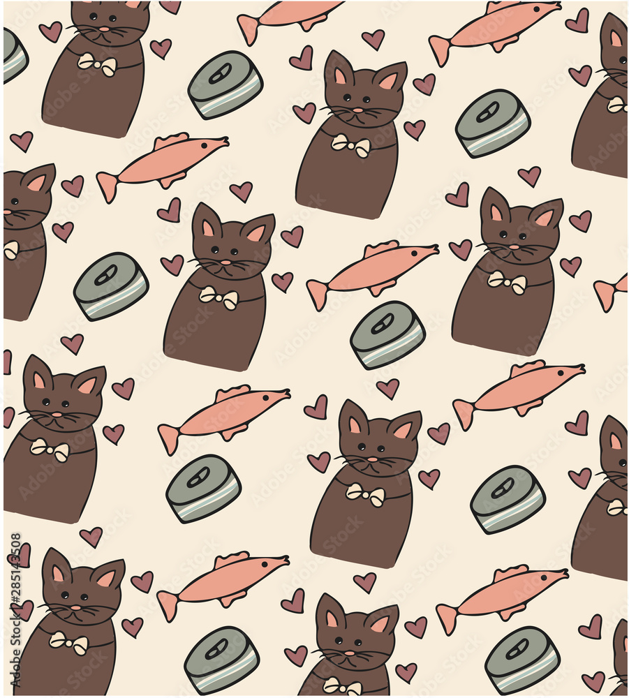 Kids textile pattern with cute cat, fish and hearts. Hand drawn pet animal vector illustration. Kids textile pattern with cute cat, fish and hearts. Hand drawn pet animal vector illustration.