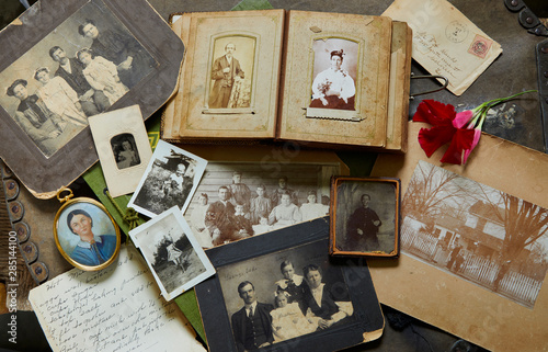 Close up of old photographs photo