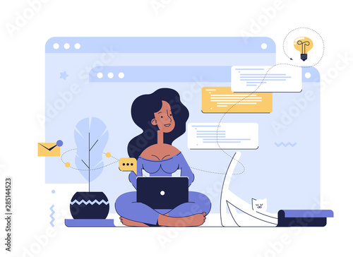 Business woman practicing mindfulness meditation with web developer icons on the background.