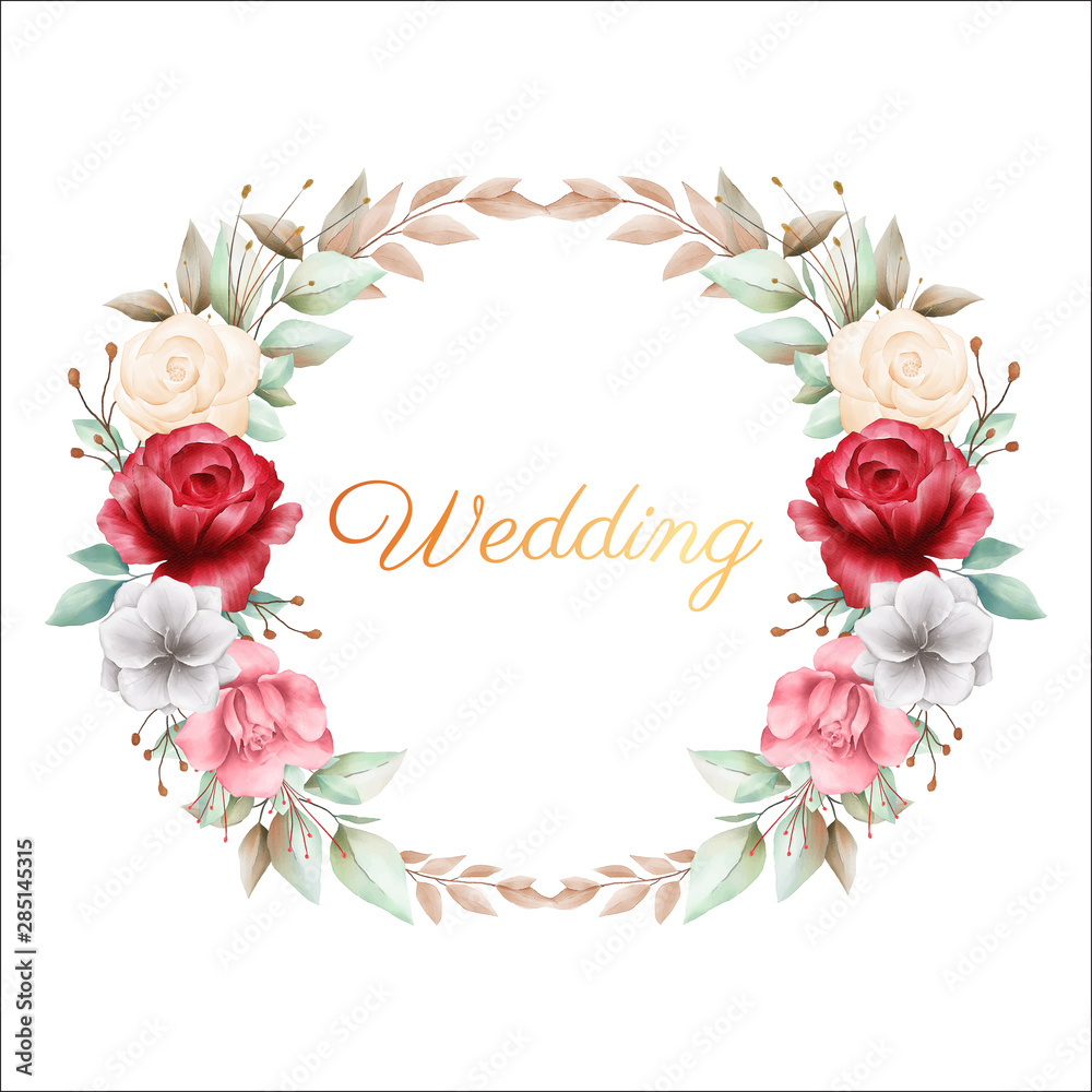 Romantic floral wreath with beatiful flowers decoration for wedding or greeting cards
