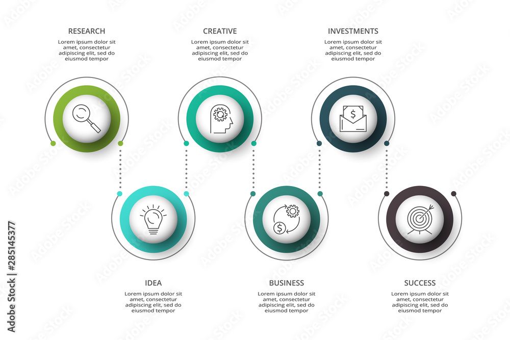 Vector infographic design template. Business concept with 6 options, parts, steps or processes. Can be used for workflow layout, diagram, number options, web design. Data visualization.