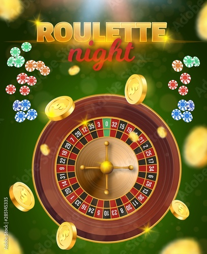 Roulette Top View and Falling Playing Chips, Coins