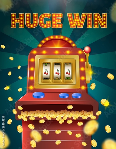 Huge Win Banner, Slot Machine with Three Cherries
