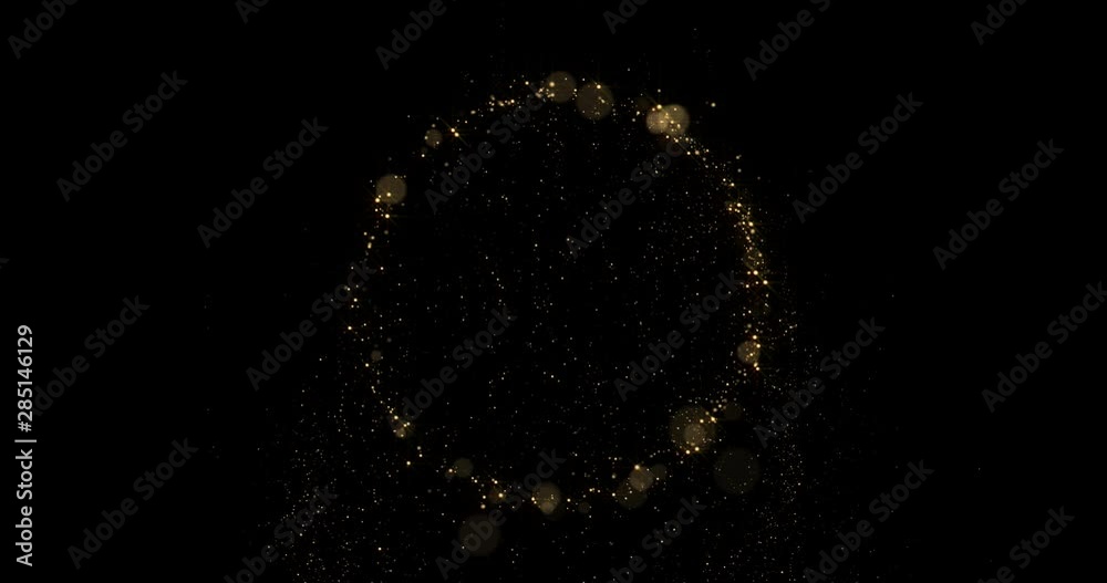 Golden glitter circle with sparkling light shine. Gold glittering ring, magic shimmer glow, bright light sparks with bokeh effect