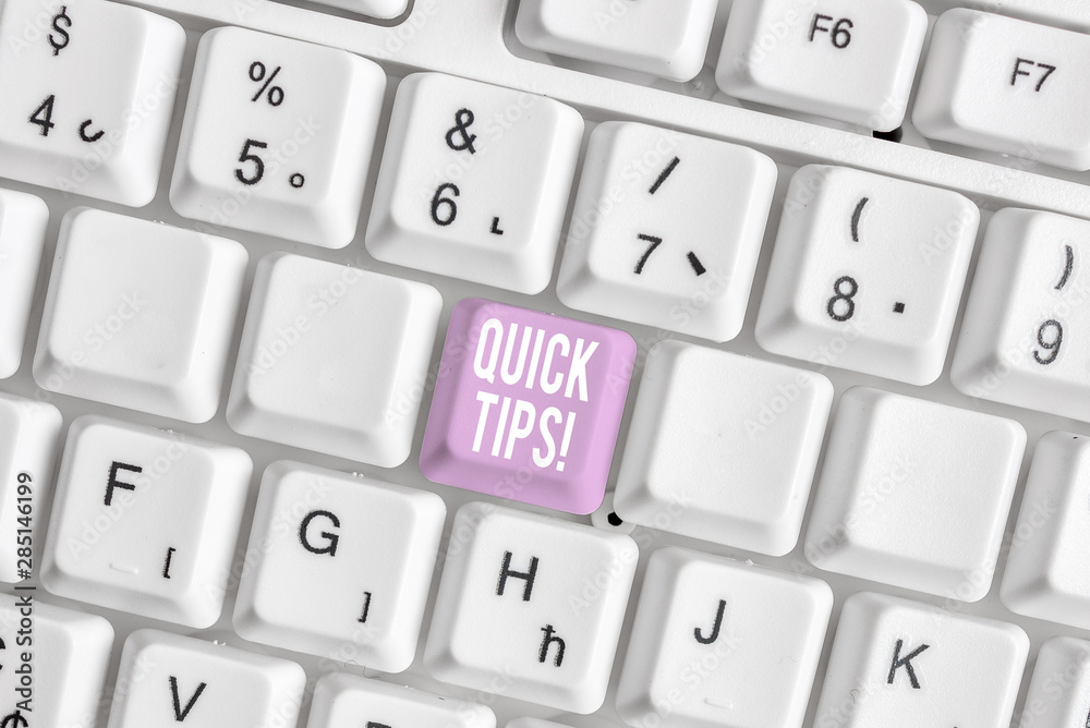 Word writing text Quick Tips. Business photo showcasing small but particularly useful piece of practical advice White pc keyboard with empty note paper above white background key copy space Word writing text Quick Tips. Business photo showcasing small but particularly useful piece of practical advice White pc keyboard with empty note paper above white background key copy space