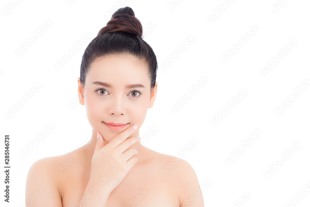 Portrait of beautiful woman asian makeup of cosmetic, girl hand touch chin and smile attractive, face of beauty perfect with wellness isolated on white background with skin healthcare concept. Portrait of beautiful woman asian makeup of cosmetic, girl hand touch chin and smile attractive, face of beauty perfect with wellness isolated on white background with skin healthcare concept.