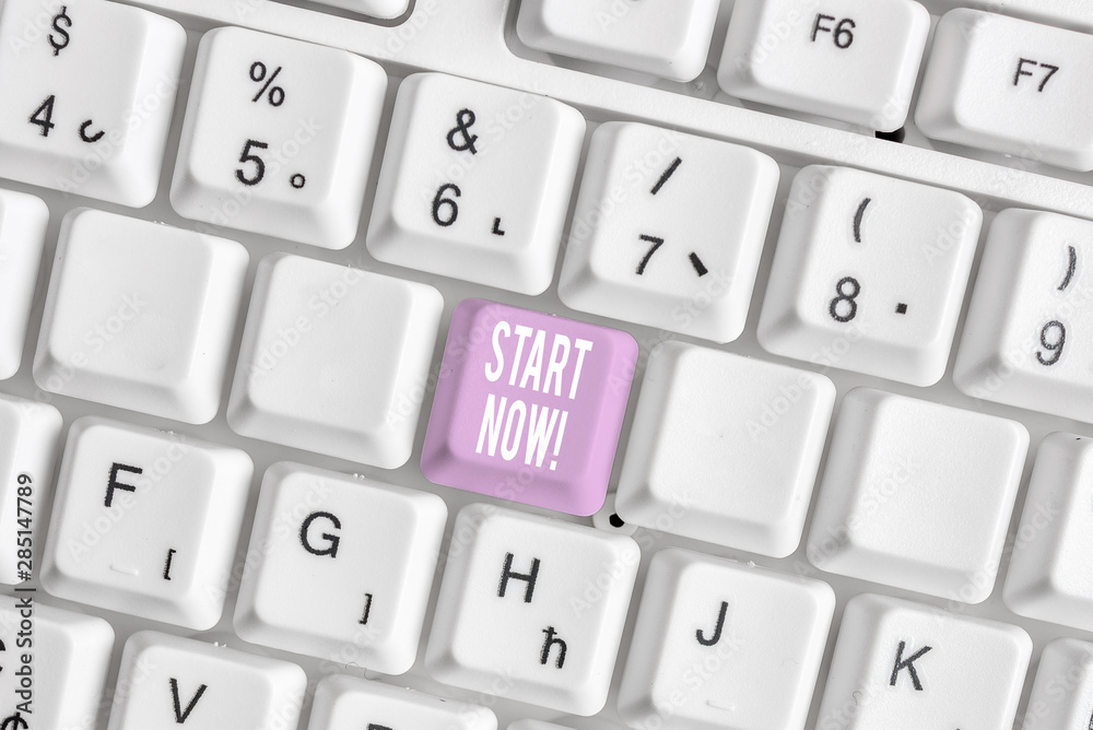 Word writing text Start Now. Business photo showcasing do not hesitate get working or doing stuff right away White pc keyboard with empty note paper above white background key copy space Word writing text Start Now. Business photo showcasing do not hesitate get working or doing stuff right away White pc keyboard with empty note paper above white background key copy space