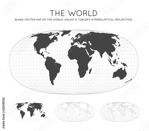 Map of The World. Waldo R. Tobler's hyperelliptical projection. Globe with latitude and longitude lines. World map on meridians and parallels background. Vector illustration.