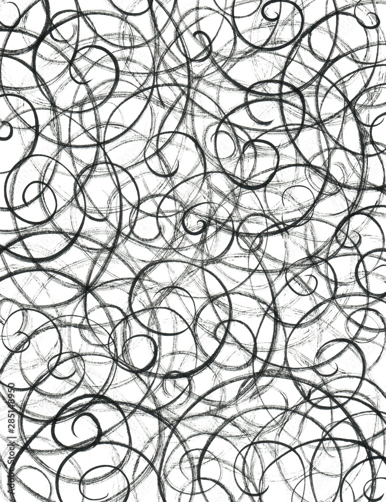 white and black texture and background with curls drawn by brush pen white and black texture and background with curls drawn by brush pen